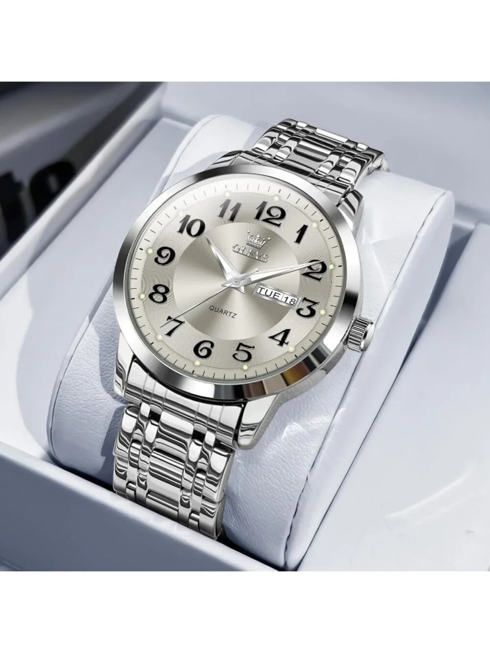 Mens Silver Grey Big Dial Analog Quartz Stainless Steel Relojes Waterproof Watch